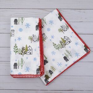 DII Fabric Dinner Napkins Holiday Winter Houses Trees 20x20 inch Set of 4